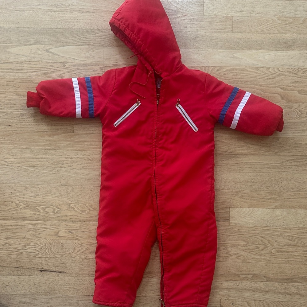 Vintage Red Hooded Snowsuit with Stripes